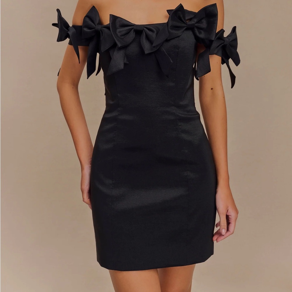 Meshki Black Off-Shoulder Mini Dress with Bows